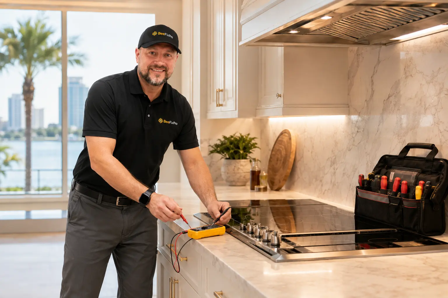 BeeFixPro technician professionally diagnosing a premium cooktop in a Jacksonville home