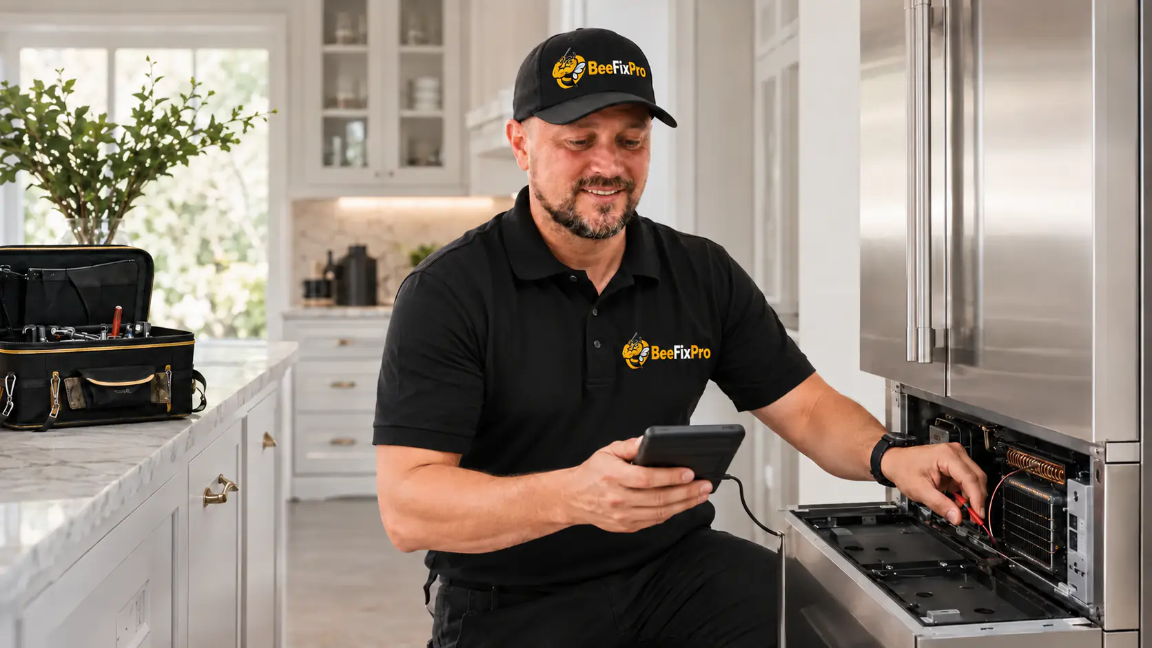 Dmitriy from BeeFixPro diagnosing a built-in refrigerator