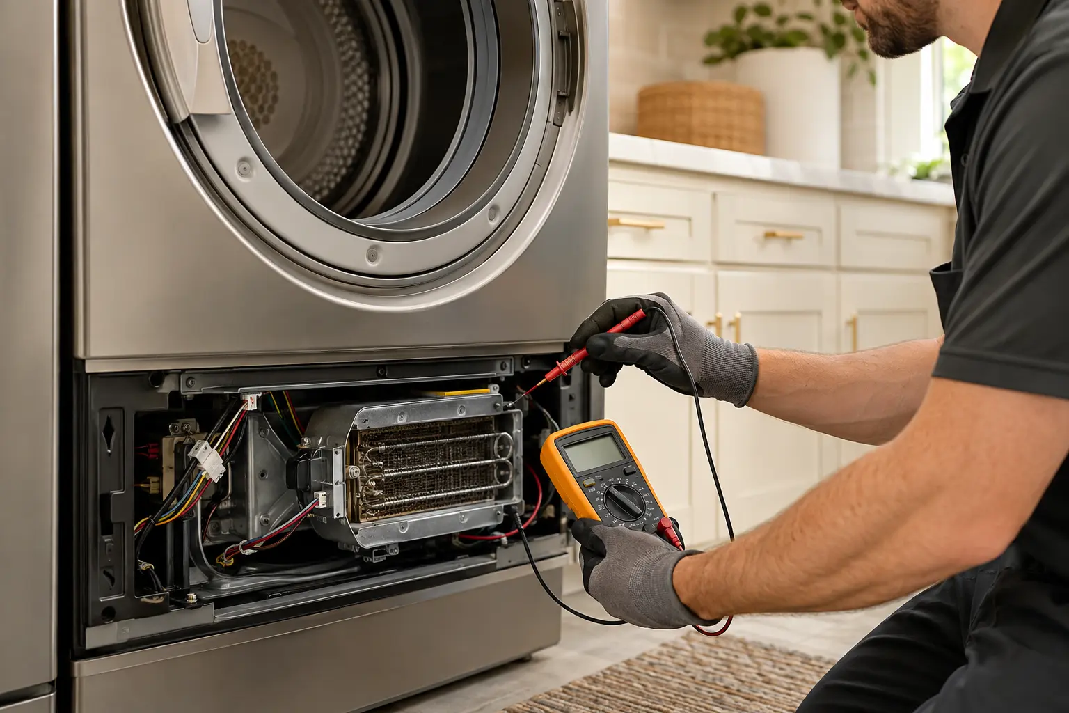 Dryer heating system being tested with a multimeter