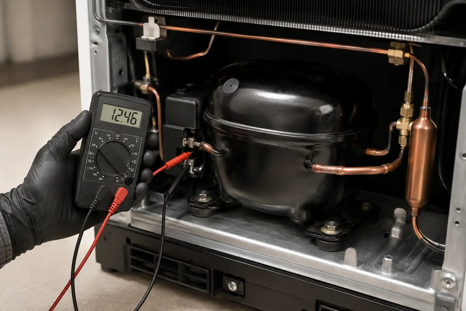 Refrigerator compressor being tested with a diagnostic meter