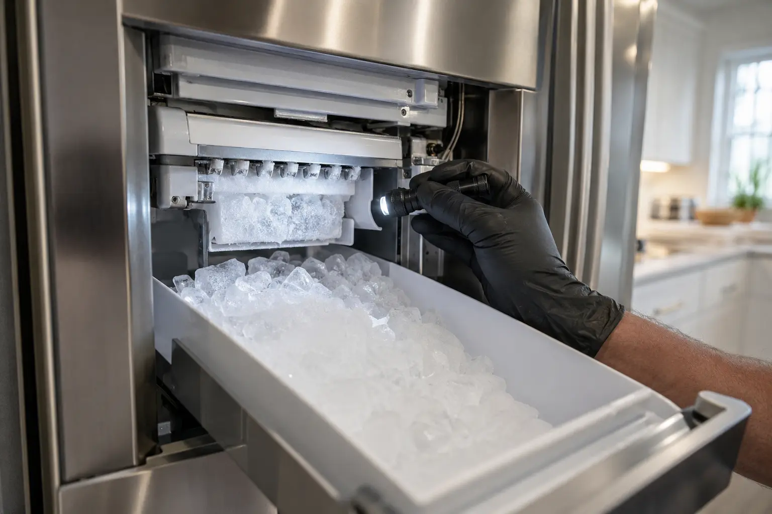 Frosted refrigerator ice maker being inspected