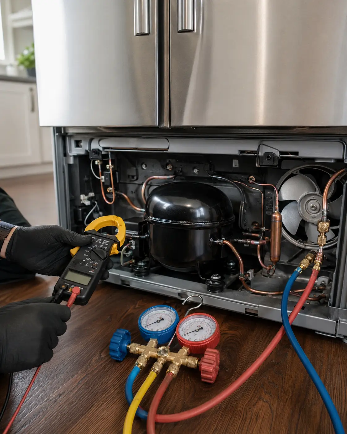 Pressure gauges and multimeter connected during a refrigerator compressor diagnostic