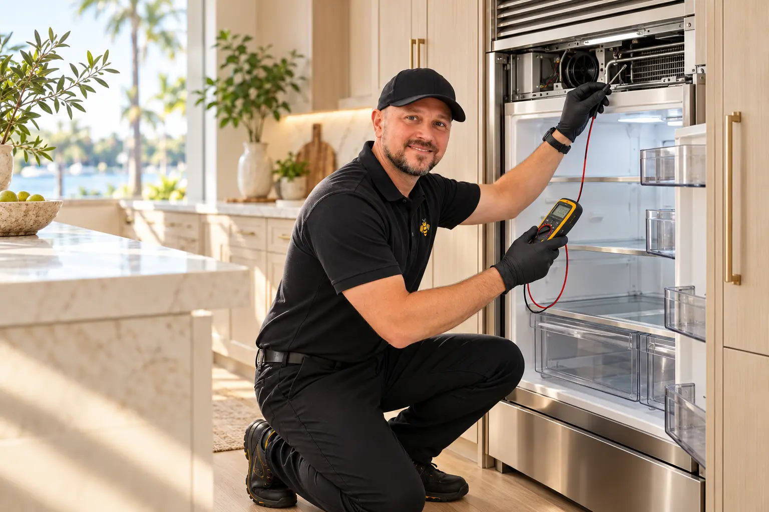Dmitriy from BeeFixPro diagnosing a luxury built-in refrigerator