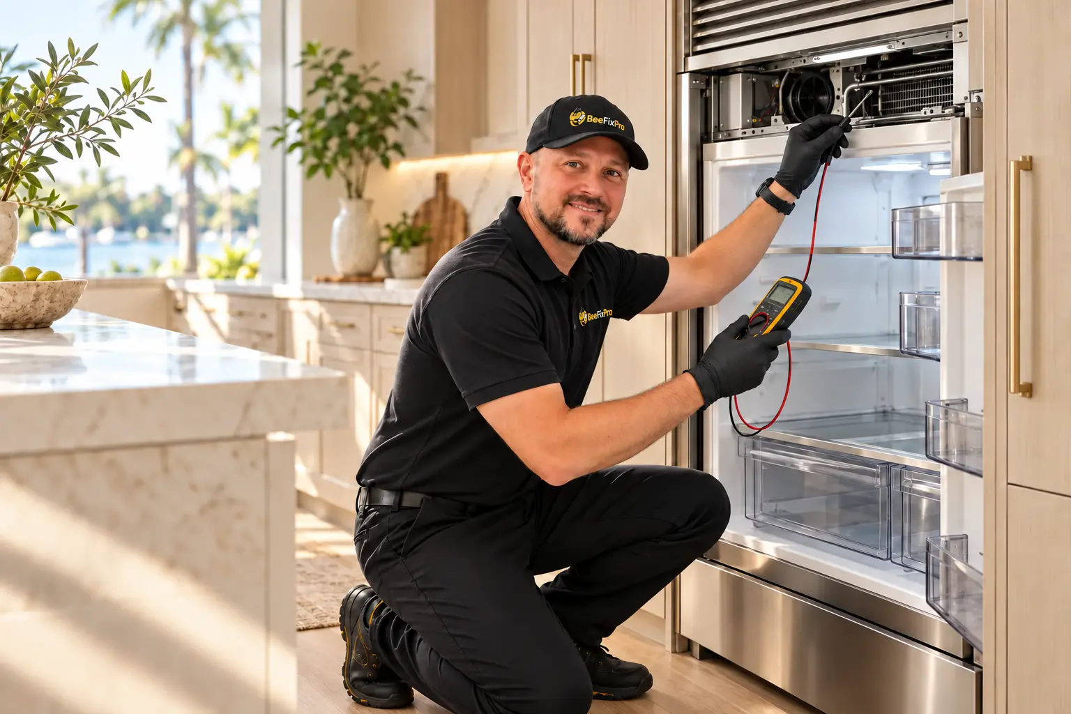 BeeFixPro technician Dmitriy in a branded cap and polo diagnosing a luxury built-in refrigerator in a bright Jacksonville kitchen