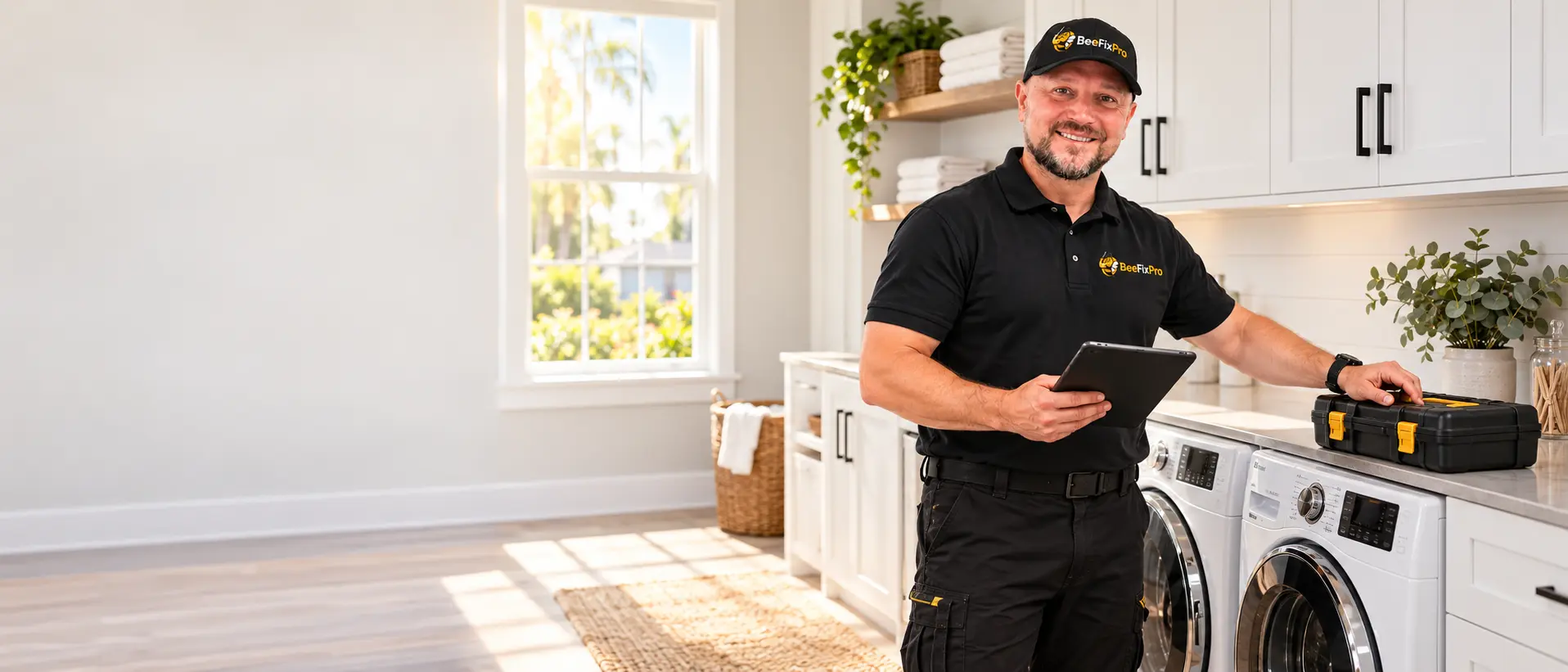 Dmitriy from BeeFixPro documenting a completed washer repair in a Northeast Florida laundry room