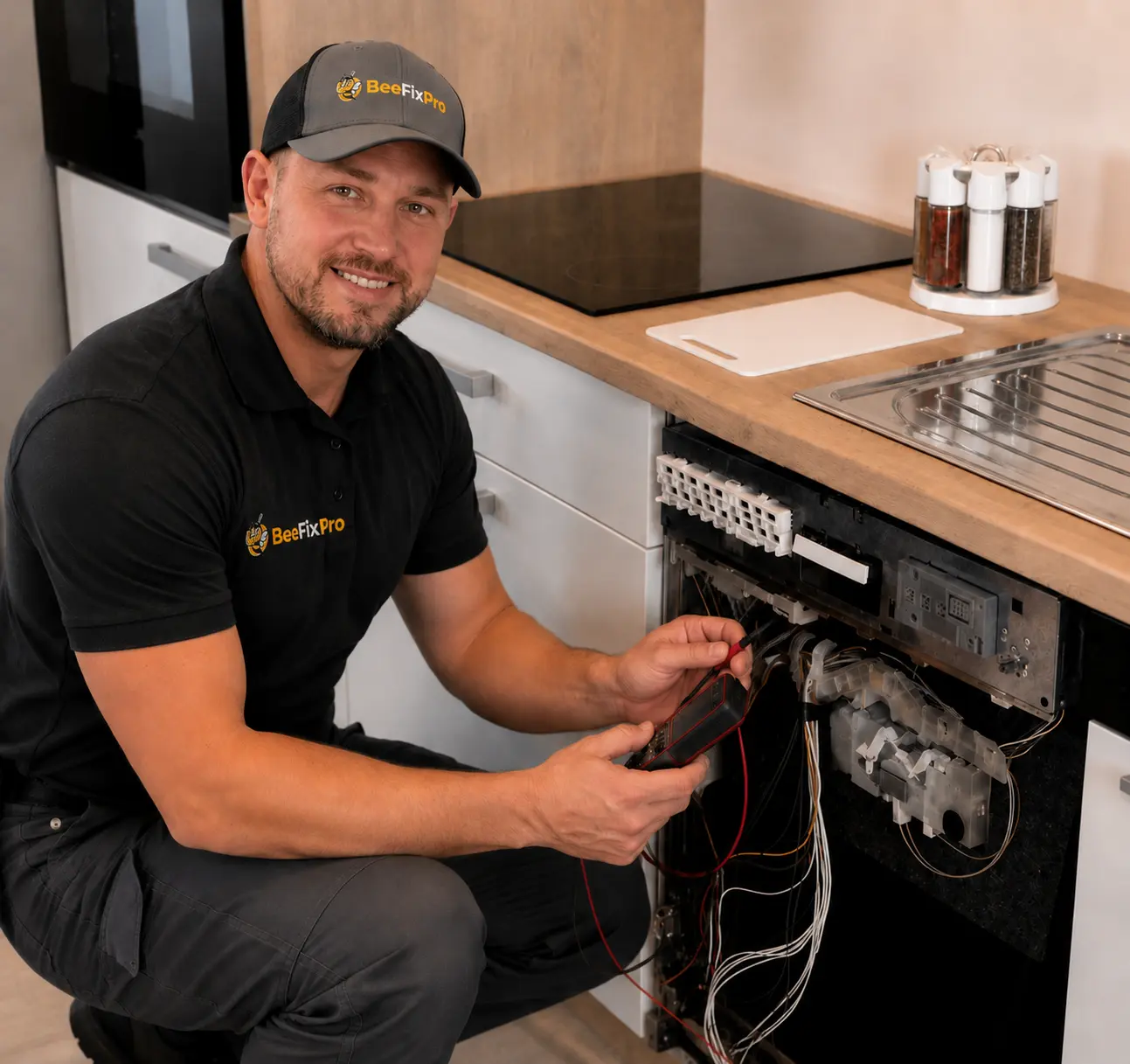BeeFixPro technician servicing a kitchen appliance