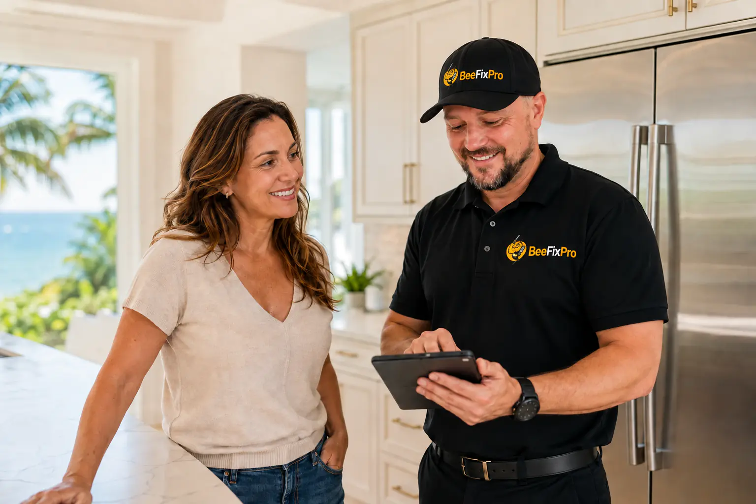 A happy Jacksonville homeowner reviewing a completed appliance repair with a BeeFixPro technician